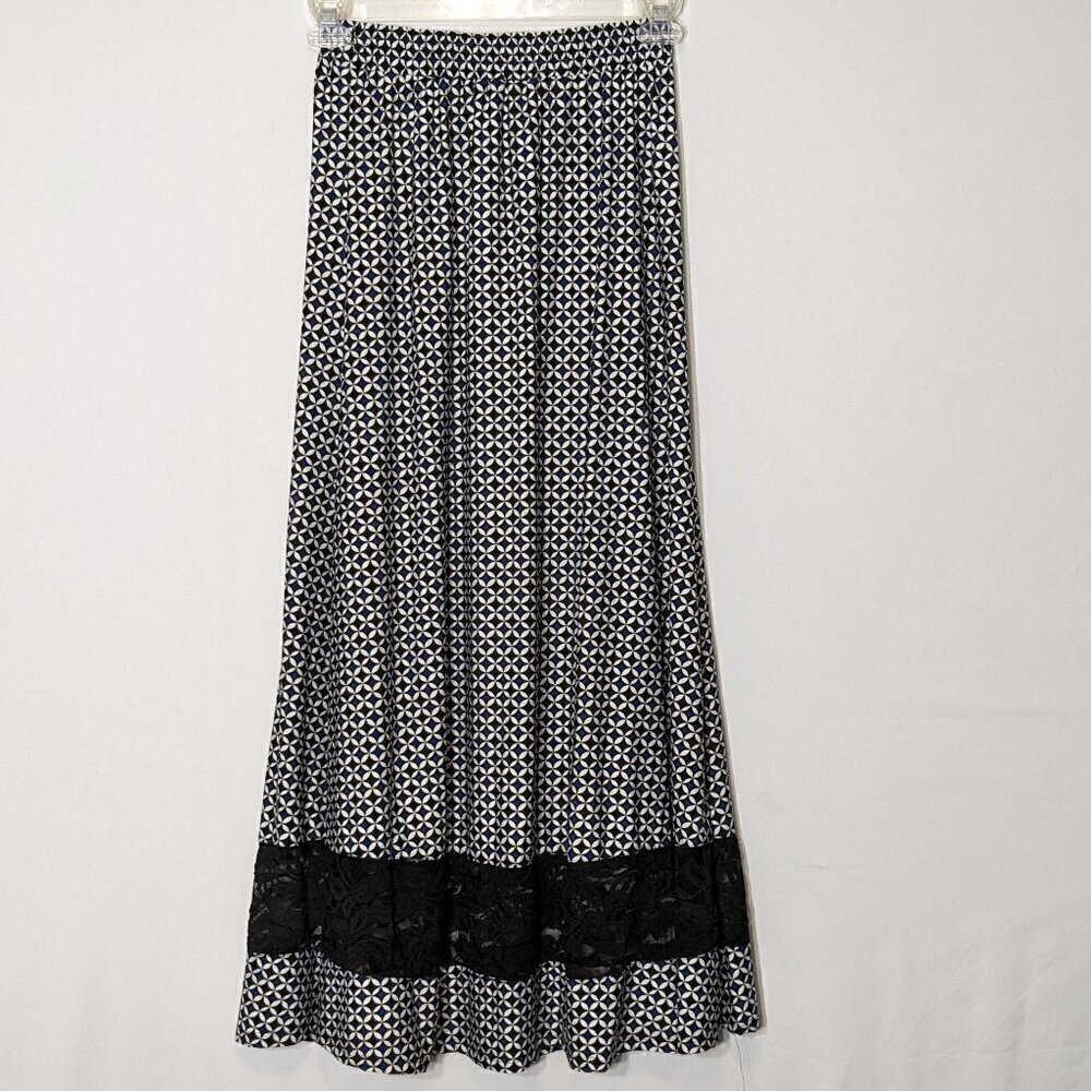 ROBERT LOUIS, Black w Blue Print, Jersey Maxi Pull-On Skirt w Black Lace; Size S